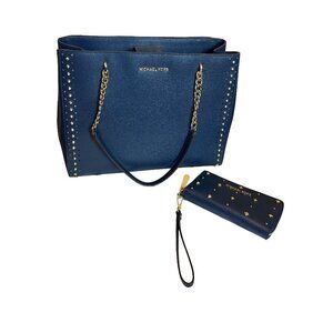 Michael Kors Ellis Navy Gold Open Top Large Purse Tote Bag + Matching Wallet Set